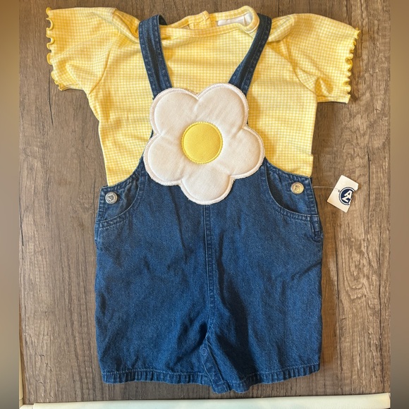 NWT Deadstock Vintage Arizona Jeans Baby Girl Overalls Shortall Daisy Flower 18M - Picture 1 of 11